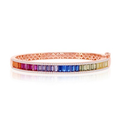 Bella Silver Sterling Silver Rainbow Baguette CZ Bangle - Rose Gold Plated - Multi