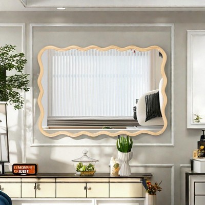 Vynxaria 40" x 28" Solid Wood Wavy Rectangle Mirror - Natural Wall Decor for Bathroom, Bedroom, Living Room & Entryway