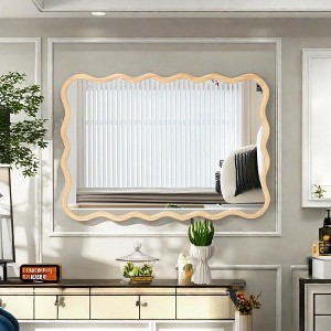 Vynxaria 40" x 28" Solid Wood Wavy Rectangle Mirror - Natural Wall Decor for Bathroom, Bedroom, Living Room & Entryway - 1 of 4