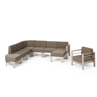 Cape Coral 8pc Half Round 6 Seater Sectional with Ottoman - Khaki/Silver - Christopher Knight Home