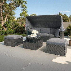 4-Pieces Outdoor Patio Rattan Daybed Sunbed Set with Retractable Canopy, Lift Table, and Adjustable Seat - 1 of 4