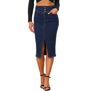 Allegra K Women's High Waist Split Hem Pencil Midi Casual Denim Skirt - 1 of 4