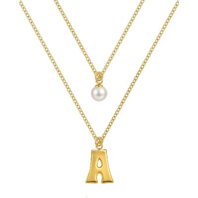Molenia Multi-strand Initial Pearl Necklace for Women, 14K Gold Plated 925 Silver Double Stacked Layered Personalized Letter Pendant Birthday Jewelry