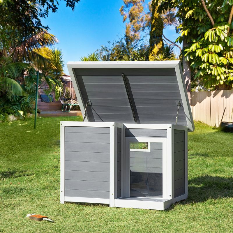 PawHut Dog House Outdoor, Cabin Style Pet Home Cottage, Weather Resistant, with Raised Feet, Terrace, Openable Top, for Medium Sized Dog, 2 of 7