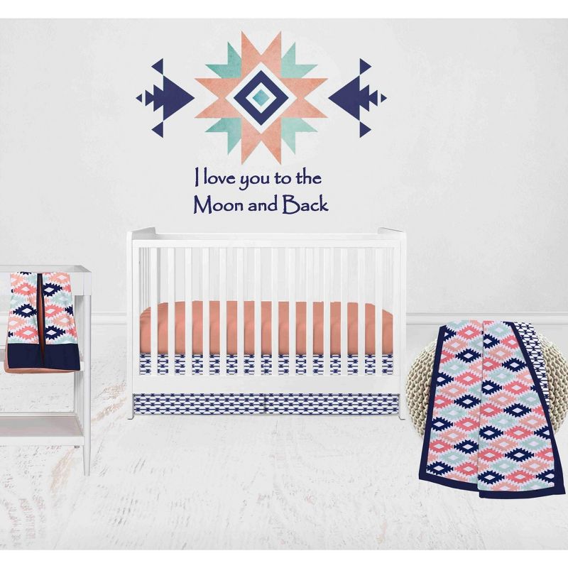Bacati - Aztec Print Emma Coral Mint Navy 4 pc Crib Bedding Set with Diaper Caddy, 1 of 7