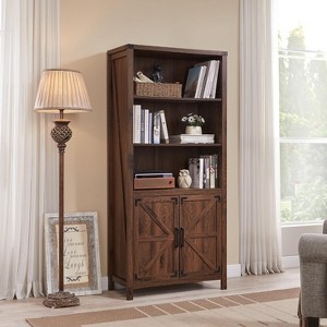 OKD 70" Storage Bookshelf-Bookcase with Adjustable Shelves & Barn Door, Farmhouse 5-Tier Storage Cabinet - 1 of 4