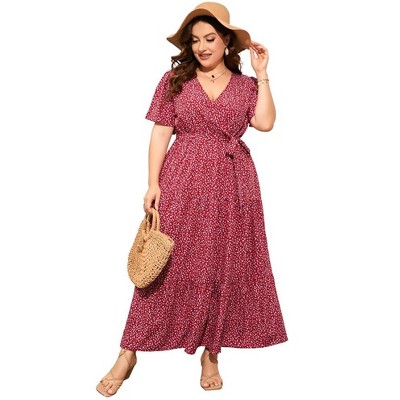 Womens Plus Size V Neck Wrap Maxi Dress High Waist Ruffle Summer Casual Dress with Belt