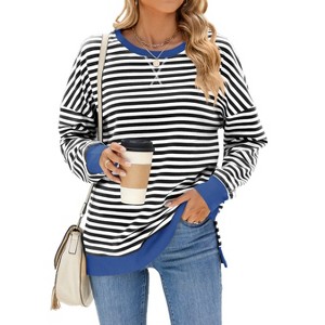 Womens Striped Sweatshirts Crew Neck Side Slit Sweatshirts Faux V-Notch Stripes Long Sleeve T-Shirt Basic Tops Lightweigth All Season Tops - 1 of 4