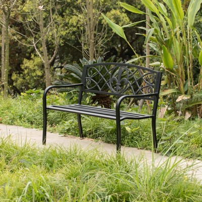 Black Cast Iron and Steel Outdoor Garden Patio Bench