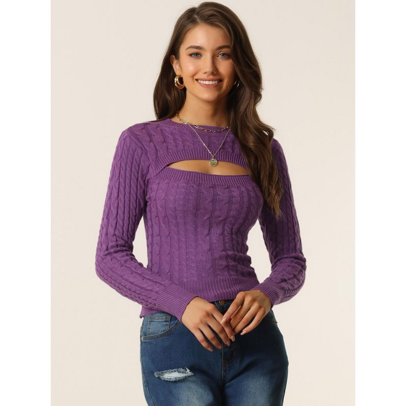 Seta T Women's Cut Out Front Cable Knit Long Sleeve Crop Pullover Sweater, 2 of 6