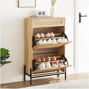 Rattan Shoe Cabinet for Entryway, 2-Flip Drawer Storage Organizer with Adjustable Shelf, Narrow Freestanding Hidden Shoe Rack for Home Storage - 1 of 4