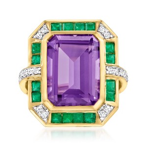 Ross-Simons 7.00 Carat Amethyst, .80 ct. t.w. Emerald and .20 ct. t.w. Diamond Ring in 14kt Yellow Gold - 1 of 4