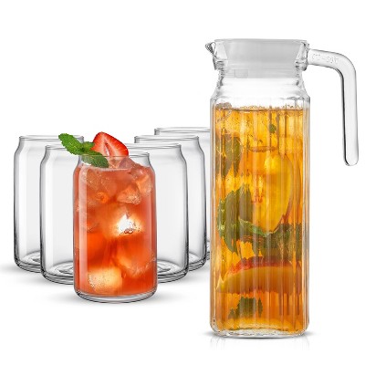 JoyJolt Glass Pitcher with Handle and 6 Can Glasses Drinking Glasses Set