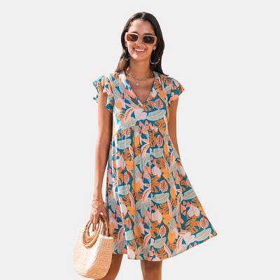 Women's Tropical Floral Print V-Neck Flutter Sleeve Midi Dress - Cupshe