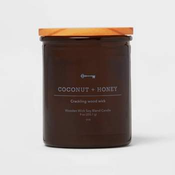 Amber Glass Coconut + Honey Lidded Wood Wick Jar Candle 9oz - Threshold™