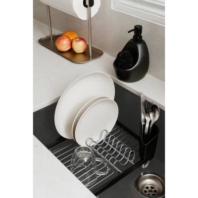 Black and Silver Metal Dish Rack with Utensil Cup