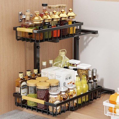 Hachikiko 2-Tier Adjustable Height L-Shaped Under Sink Organizer - Metal Pull-Out Storage Rack for Kitchen, Bathroom, Laundry