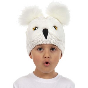 HalloweenCostumes.com One Size Fits Most   Harry Potter Hedwig Owl Pom Knit Beanie Hat for Toddlers, White/Yellow/Black - 1 of 4