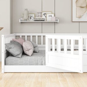 Floor Bed with High Fence and Door For Kids, Safe Montessori Design Bed with Guardrails,, Bed with Pine Wood Construction-Baofuwish - 1 of 4