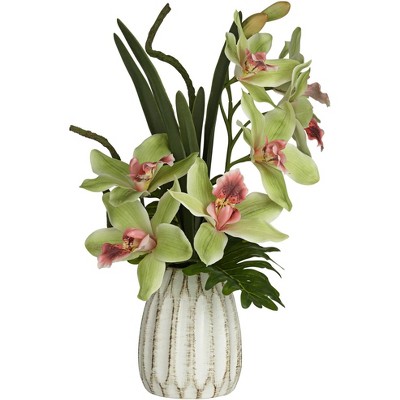 Dahlia Studios Green and Pink Cymbidium Orchid 19 1/2"H Faux Flowers in Pot