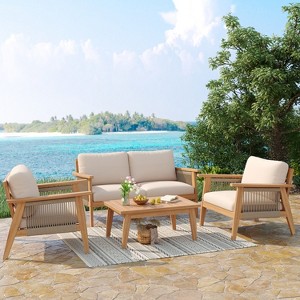 Christopher Knight Home Tariq Outdoor 4 Pieces Rustic Acacia Wood and Rope Seating Set with Cushion - 1 of 4