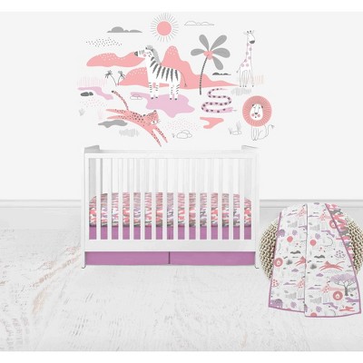 Bacati - Jungle Safari Girls Lilac/Coral Muslin 4 pc Crib Bedding Set with 2 Fitted Sheets
