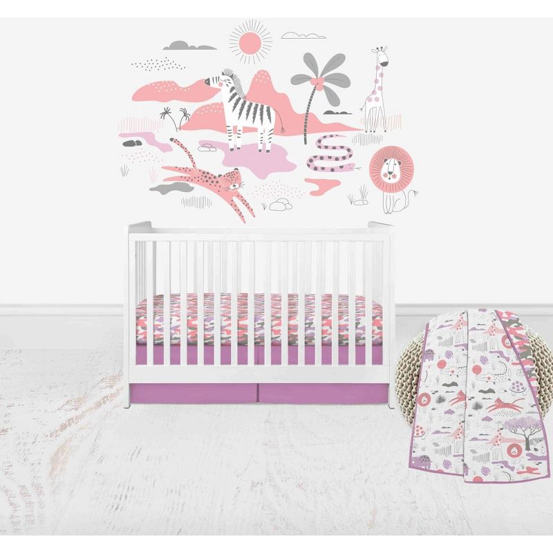 Bacati - Jungle Safari Girls Lilac/Coral Muslin 4 pc Crib Bedding Set with 2 Fitted Sheets, 1 of 8