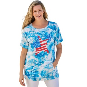 Woman Within Women's Plus Size Americana Kangaroo Pocket Tee - 1 of 4