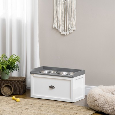 Swan White and Pewter Gray Elevated Dog Feeding Station with Stainless Steel Bowls