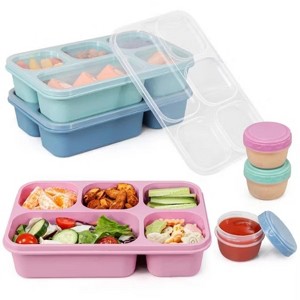 Attop 3-pack 1300ml lunch box with dividers, 5 compartments, 3 sauce containers, dishwasher safe, pure PP transparent lid + wheat straw - 1 of 4