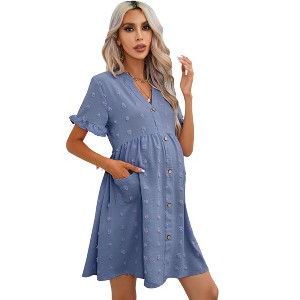 Maternity Swiss Dot Dress Summer V Neck Short Sleeve Button Down Mini Dress Baby Shower Photoshoot with Pockets - 1 of 4