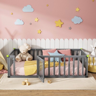 Twin Size Montessori Floor Bed Wooden Frame, w/Door and Safety Fence, Toddler Floor-Bed-Frame for Children Bedroom, for Boys and Girls, Gray