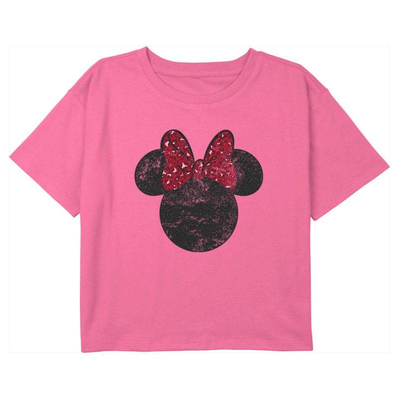 Girl's Mickey & Friends Minnie Mouse Distressed Red Leopard Bow Crop T-Shirt, 1 of 4