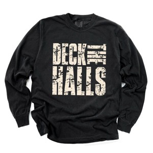 Deck the Halls Block Distressed - Women's Garment Dyed Long Sleeve Graphic T-Shirt - 1 of 4