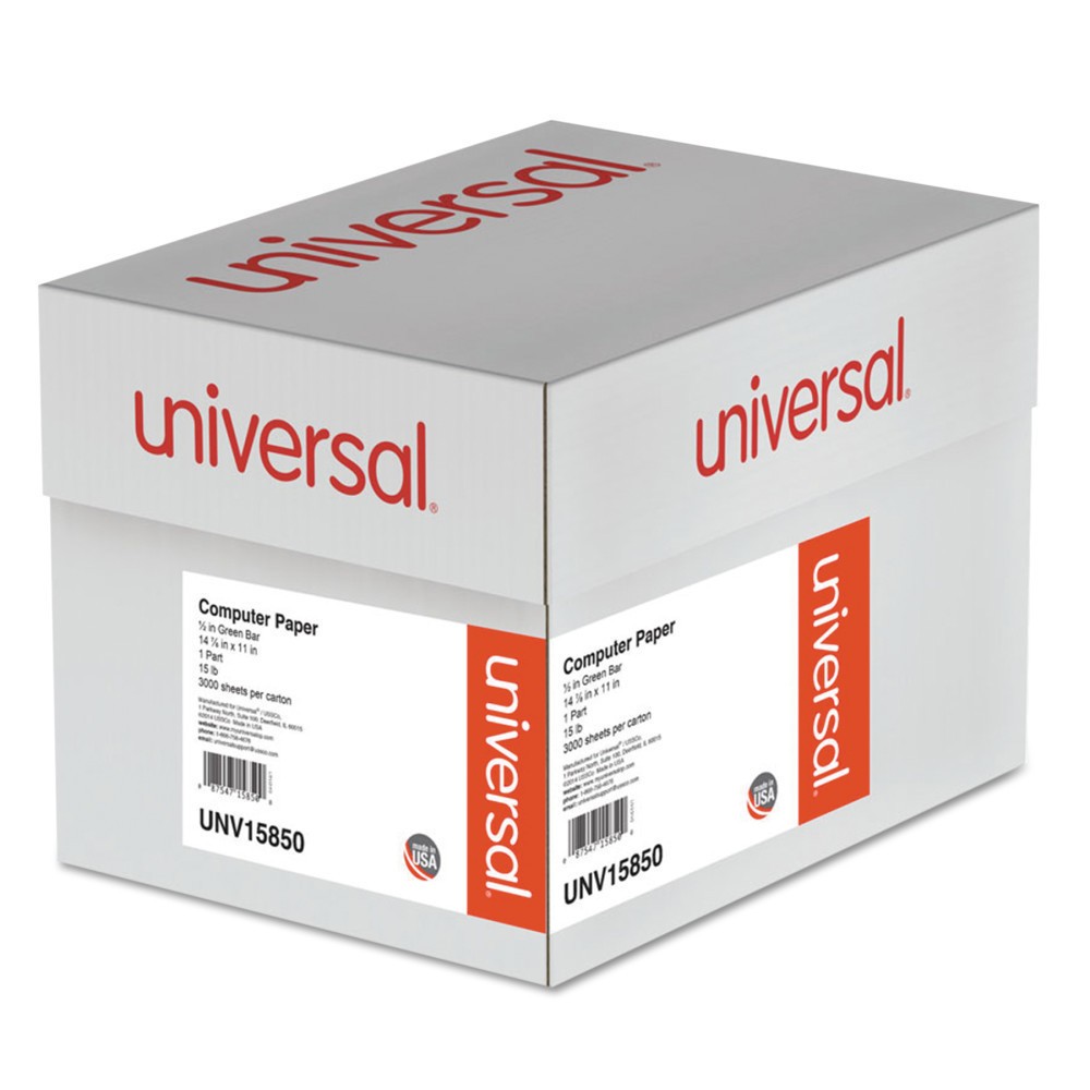 UPC 087547158500 product image for Universal Green Bar Computer Paper, 15lb, 14-7/8 x 11, Perforated Margins, 3000  | upcitemdb.com