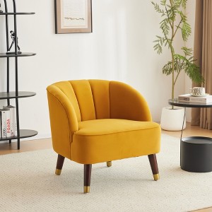 Velvet Upholstered Barrel Accent Chair with Curved Tufted Back, Square Arms and Rubberwood Legs - 1 of 4