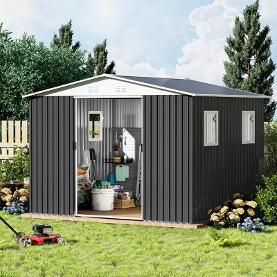 Weatherproof 10x8FT Galvanized Steel Garden Shed with Lockable Door, Windows & Ventilation, Low Maintenance -Coolbibila