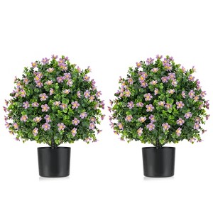 Costway 2 Pack Artificial Boxwood Topiary Ball Tree Faux Shrub Bushes with Flowers White/Purple - 1 of 4