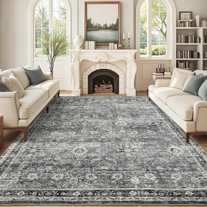 9x12 Grey Large Washable Area Rug, Vintage Oriental Floral Carpet, Ultra-Thin Soft Low Pile Non-Slip Non-Shedding Floor Cover for Bedroom, Office - 1 of 4