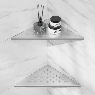Attop 2-Pack Shower Corner Shelves, 304 Stainless Steel Recessed Bathroom Shelves for Tile Walls, 10-inch Grooved Design (Silver, Cross Shape)