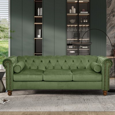 Velvet Three-Seat Chesterfield Sofa,Modern 3 Seater Couch with Nailhead Accents and Rolled Arms - The Pop Home