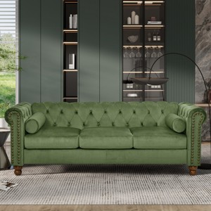 Velvet Three-Seat Chesterfield Sofa,Modern 3 Seater Couch with Nailhead Accents and Rolled Arms - The Pop Home - 1 of 4