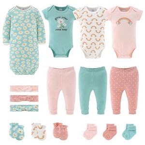 The Peanutshell Carefree Floral Newborn Layette Set for Baby Girls, 16-Pieces, Pink/Aqua, 0-3 Months - 1 of 4