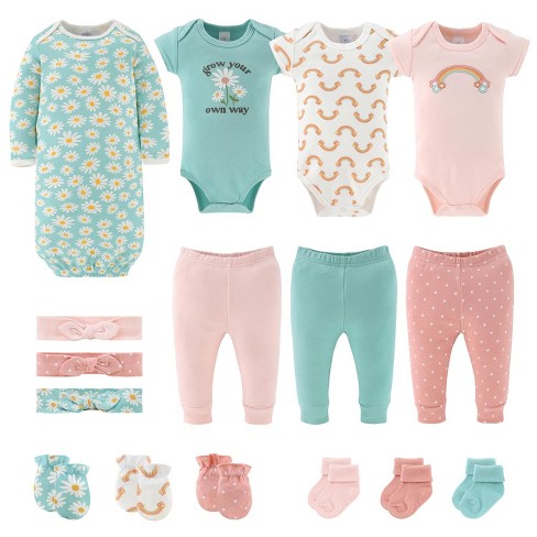 The Peanutshell Carefree Floral Newborn Layette Set for Baby Girls, 16-Pieces, Pink/Aqua, 0-3 Months - image 1 of 4