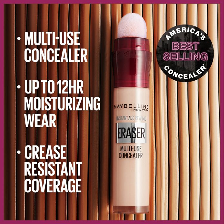 Maybelline Instant Age Rewind Concealer with a sponge applicator, shown against a bamboo background. Text highlights features: multi-use, up to 12-hour moisturizing wear, and crease-resistant coverage.