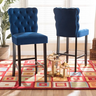 Elegant Navy Blue Velvet & Dark Wood Adjustable Barstool Set