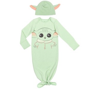 Star Wars The Mandalorian Baby Yoda Infant Baby Boys Knotted Sleeper Gown Hat Green 6-12 Months - 1 of 4