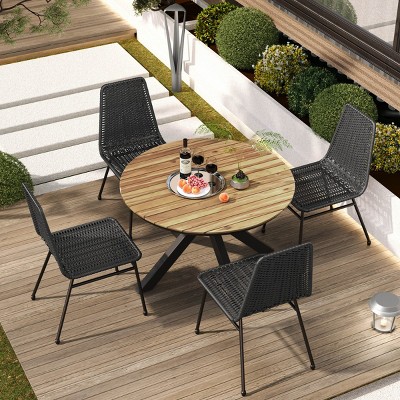 Coolbibila 5 Piece Outdoor Patio Wood Round Slat X-Shaped Based Dining Table for 4 with Dining Chairs,Armless PE Rattan Woven Dining Chair
