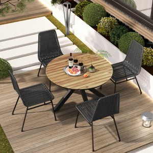 Coolbibila 5 Piece Outdoor Patio Wood Round Slat X-Shaped Based Dining Table for 4 with Dining Chairs,Armless PE Rattan Woven Dining Chair - 1 of 4