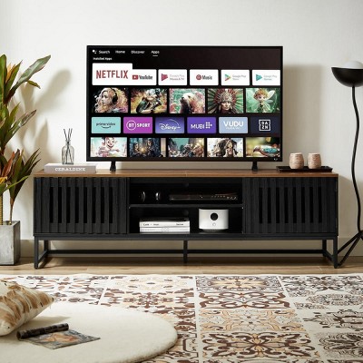 63‘’ Mid Century Modern TV Stand with Slatted Grille Doors,Media Console with Storage Shelves for Living Room Bedroom-Baofuwish